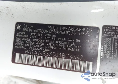 2004 BMW 545I z USA, uszkodzony, nr VIN WBANB33504B114547